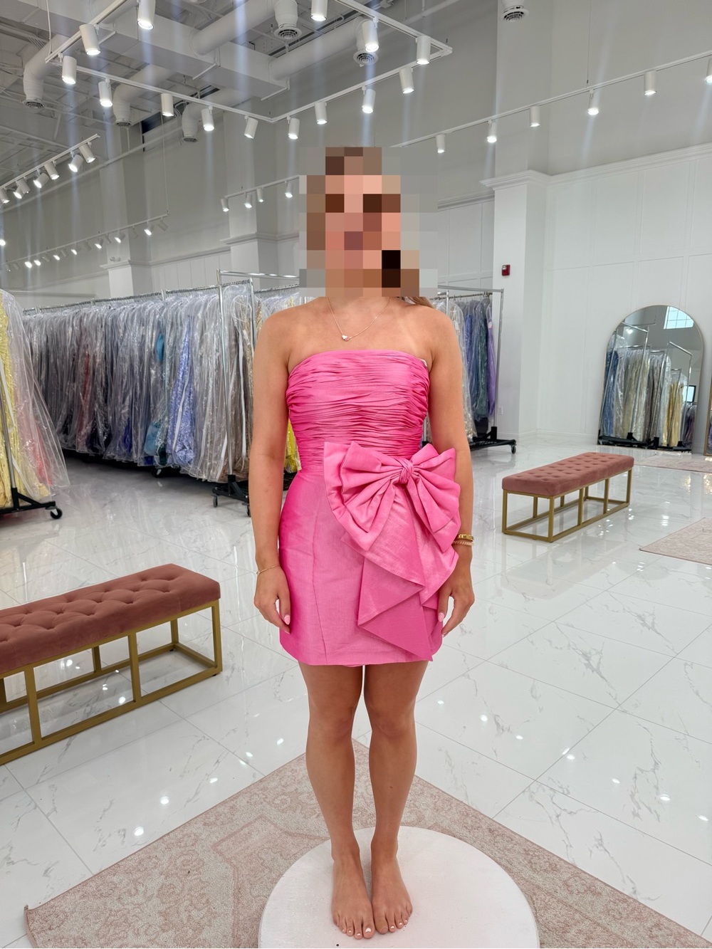 Strapless Ruched Pink Mini Dress with detachable Statement Bow